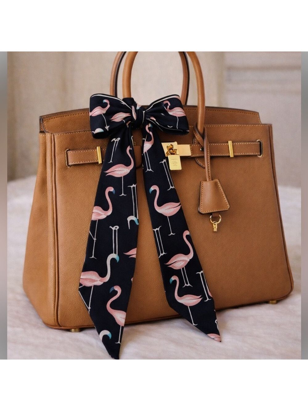 PINK FLAMINGO SKINNY SCARF BANDEAU BOW BAG HANDLE WRAP 33x2 NEW